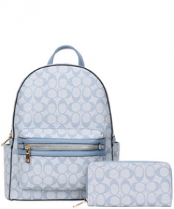 2 In 1 Oval Pattern Zipper Backpack with Wallet Set 008-8578-W BLUE